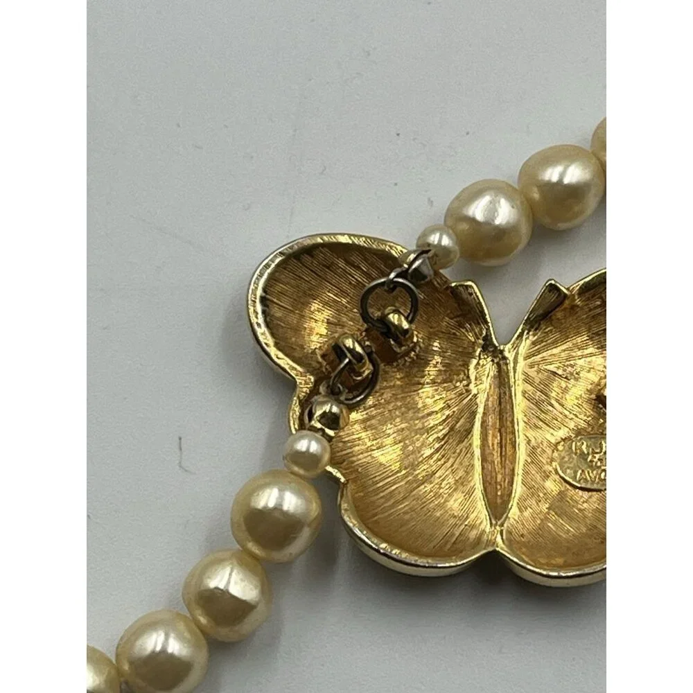 VINTAGE Kenneth Jay Lane KJL for Avon Pearl Enamel Crystal Butterfly Necklace - Picture 15 of 16